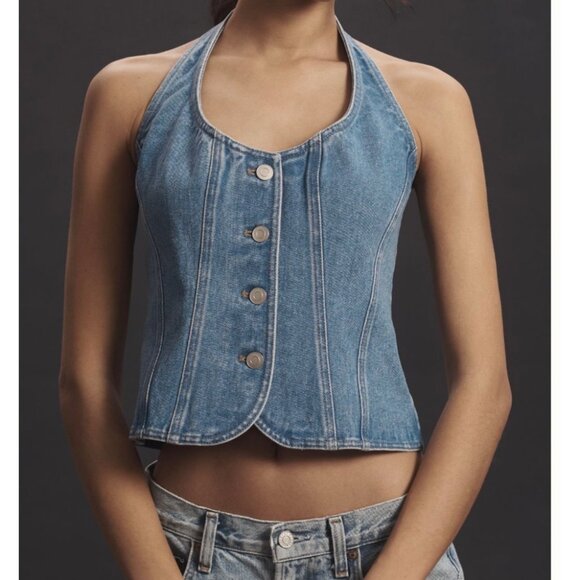 Anthropologie Mare Mare Womens Halter Shrunken Denim Vest Size XS Button-Front - Picture 1 of 7
